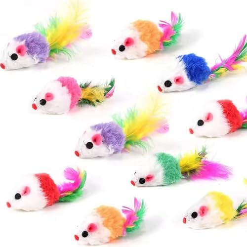 10 Souris Interactives pour Chats,Jouets en Peluche avec Plumes Colorées,Encourage le Jeu Actif et l’Exercice des Chats, Sécuritaires et Amusants,Idéal pour Chatons et Chats Adultes, Couleur aléatoire