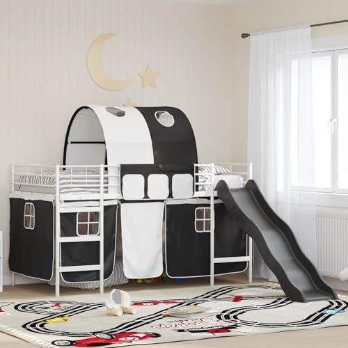Qnhdfrt Hochbett mit Rutsche Weiß Schwarz 205x105x116 cm Stahl Loft-Bettgestell für Kinderzimmer Single Bed mit Vorhang abenteuerlich modern spielend platzsparent im Jugendzimmer