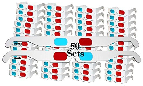 ZiYan- 50 Paar – flachen 3D Brille rot und Cyan Rahmen weiß Anaglyphenbrille Karton