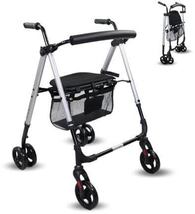 Mobiclinic®, Walker for Adults, Foldable, Lightweight, Seat and Basket XXL, Pole Holders, Height Adjustable, Aluminium, Spanish Brand, Press Brakes, Dehesa, Solid Wheels, Pearl Grey