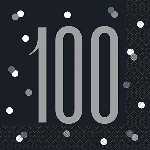 Papierservietten - Zahl 100 - 16,5 cm - Glitzer Schwarz & Silber Geburtstag - 16er-Packung