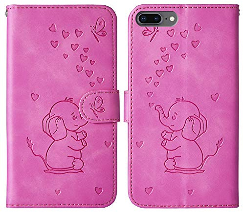 Tiyoo Phone case for iphone 7 plus/8 plus Embossed Love Heart Elephant Butterfly Pattern Folding Stand PU Leather Wallet Flip Cover Protective Case with Card Slots, Magnetic Closure (Purple Red)