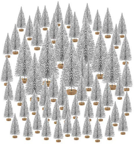 KUUQA 60 Stück Mini-Weihnachtsbäume Flaschenbürste Bäume Tischbäume für Weihnachten Haus Dekoration Diorama Modelle Weihnachten Dorf Zubehör (Silber), kleine Bäume