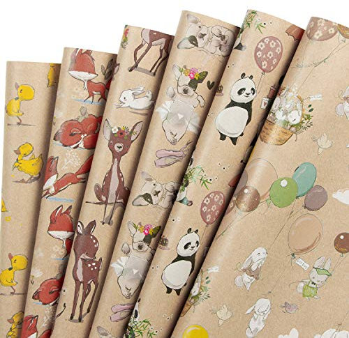 RUSPEPA Feuille De Papier D'Emballage Kraft - Bouledogue Français/Lapin/Renard/Panda/Cerf Sika/Canard Imprimé - 6 Feuilles Emballées En 1 Rouleau - 44,5 X 76 cm Par Feuille