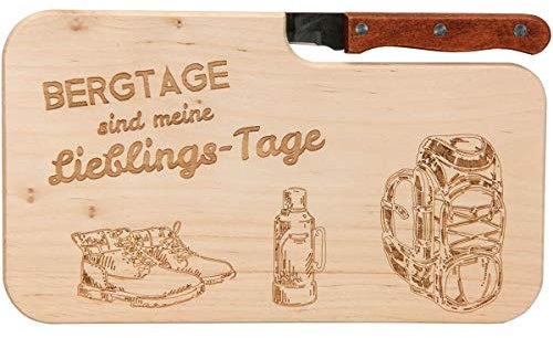 Spruchreif | Holz- Brotzeitbrett mit Messer und Gravur „Bergetage sind meine Lieblingstage“ | Geschenkidee für Wanderer & Outdoor-Fans | Perfekt für Frühstück & Brotzeit unterwegs