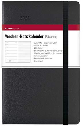 Wochen Notizkalender 18 Monate klein Black 2021 - Taschen-Kalender 9x14 cm - mit Verschlussband & Falttasche - Juli 2020 bis Dez 2021 - Weekly - 128 Seiten
