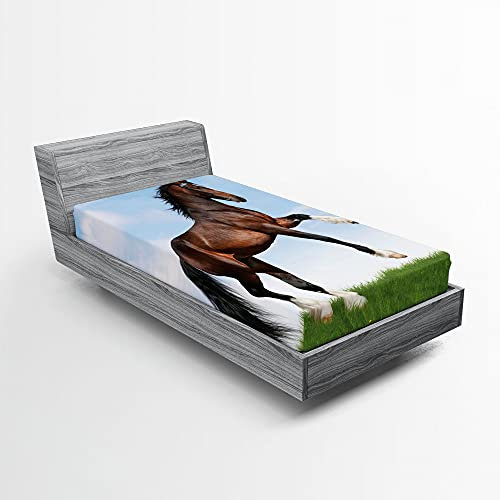 ABAKUHAUS Pferde Spannbetttuch, Pferd Pacing auf Gras, Soft Dekorativer Stoff Bettwäsche Rund-um Elastischer Gummizug, 90 cm x 200 cm, Blau, Grün, Braun