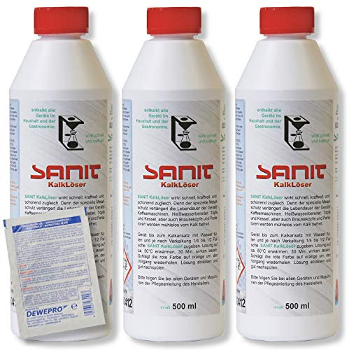DEWEPRO-Set: SANIT - KalkLöser 3002-3 Flaschen à 500ml - der Entkalker für alle Geräte in Haushalt und Gastronomie, inkl. 1 St. DEWEPRO® Single Scrubs