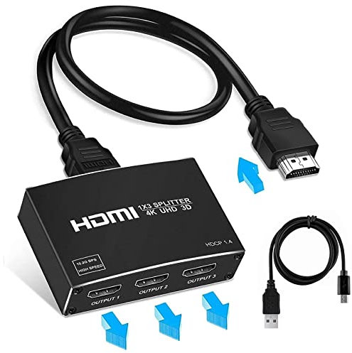 4K HDMI Splitter 1 in 3 Out, Aluminum HDMI Splitter 4K, 【Duplicate 3 Same Outputs,Not Extend】 Support 4K, 1080P, 3D, HDR for Xbox, PS5, PS4, PS3, Roku, Blu-Ray Player, Etc (3.9ft HDMI Cable Included)