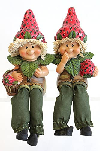 ELLUG 2er Set Erdbeerkinder Erbeerhut Kantenhocker Schlenkerbeine Sommer Deko Figuren aus Kunststein Größe ca. 13cm