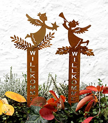 LB H&F 2er Set Engel Willkommen Stecker Gartendeko Weihnachtsdeko Deko Dekoration Herbst Winter Weihnachten Metall Rost Gartenstecker (2er Set Engel Willkommen)