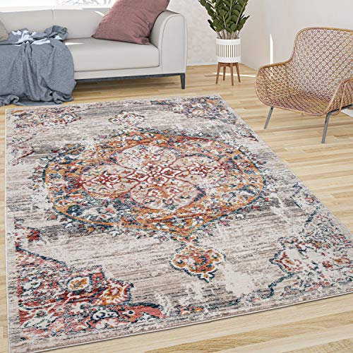 Paco Home Teppich Wohnzimmer Kurzflor Vintage Modern Orient Optik Abstrakt Beige Grau Orange, Grösse:200 cm Rund