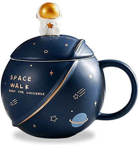 Cute Space Ceramic Mug, Kawaii Astronaut Coffee Cup, Funny Mugs with Lid and Spoon, Personalised Cups for Coffee, Tea and Milk, Mothers Day Gifts Mug, Birthday Gifts for Women/Kids, 400ML (Dark Blue)