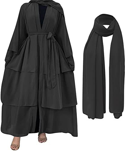 OBEEII Frauen Kleid Moslems Lose Lange Strickjacke mit Ausgestellten Ärmeln Robe Kleidung Abaya Islamischer Araber Kaftan Dubai Muslimisches Gebetskleid Robe mit Hijab Schwarz S