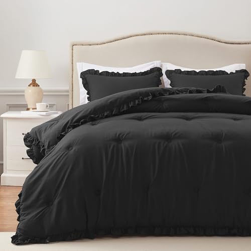 HARBOREST Queen-Bettwäsche-Set mit Rüschen, schwarz, Flauschiges, 3-teiliges Queen-Bettwäsche-Set im Shabby-Chic-Stil (1 Bettdecke und 2 Kissenbezüge)