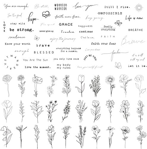 Esland Realistic Temporary Tattoos - 60 Sheets Tiny Small Removable Tattoos, 30 Pcs Inspirational Quotes Words Tattoos, 30 Pcs Wild Flower Ink Line Botanical Floral Leaf Tattoo Stickers for Women