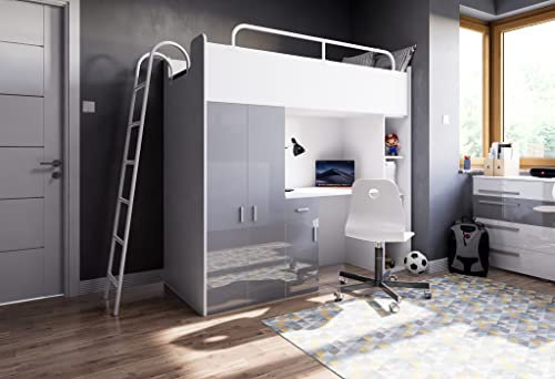 Marlux-Meble Hochbett JSM-4 80x190 mit Kleiderschrank Schreibtisch und Leiter Hochglanz Kinderbetten Funktionsbett Etagenbett Stockbett Kinderhochbett Jugendhochbett (Graphit Glanz)