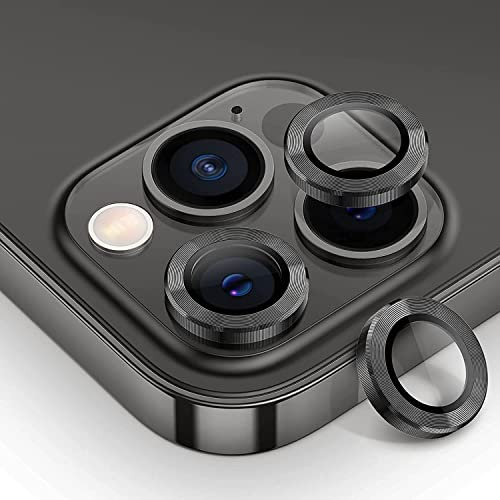 Protector Camara iPhone 13 Pro/iPhone 13 Pro MAX. Funda Protectora de Lente de cámara de Vidrio Templado y Anillo de aleación de Aluminio. Pelicula Cristal Anti-Rayado HD, 9H dureza. Negro
