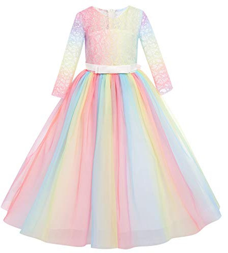 IWEMEK Brautjungfer Kleider für Mädchen Blumenmädchen Hochzeitskleid 3/4 Arm Spitzenkleid Tüllkleid Prinzessin Erste Kommunionskleider Weihnachten Abendkleid Partykleid 24 Weiß Regenbogen 5-6