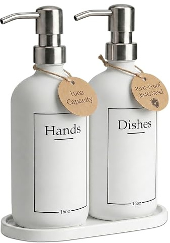 RM Home Weißes Glas Hand- und Spülseifenspender-Set – Modernes Bauernhaus-Waschbecken-Zubehör – Flüssigseifenspender – 473 ml Küchenspüle Seifenspender-Set mit Tablett, Edelstahlpumpen und Trichter