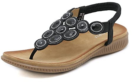 ZOEASHLEY Sandalen Damen Strass Flache Sandaletten Sommer Offene Zehe Zehentrenner Bohemian Flip Flops Schwarz27 39 EU