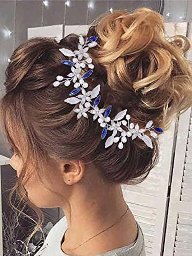 IYOU Brautschmuck Hochzeit Haarranbe Blau Blume Haarschmuck Kristall Perlen Stirnband Braut Kopfschmuck für Frauen