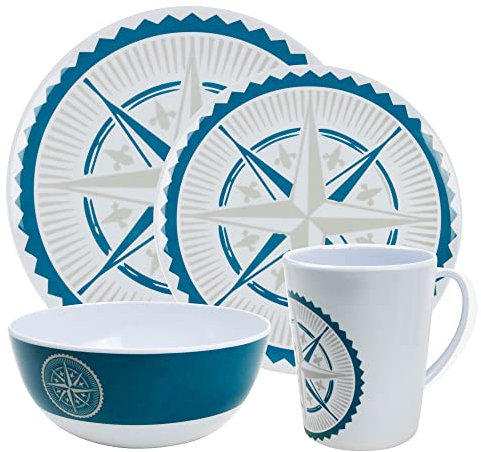 Leisurewize - 16-Piece Melamine Dinner Set | 4 Plates, 4 Side Plates, 4 Bowls, 4 Mugs | Lightweight, Heat Resistant, Dishwasher Friendly | Camping Motorhome Travel Cookery (Nautica)