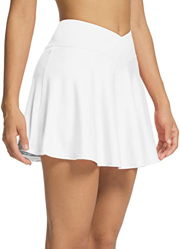 baleaf Damen Plissee Tennisrock Crossover High Waisted Golf Athletic Active Running Skorts Röcke Taschen Sport Rock mit Shorts Minirock Schwarz Weiß M