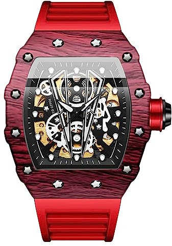 RORIOS Homme Punk Montre Sport Tonneau Montre de Poignet Mécanique Automatique Montre Mode Squelette Regarder Étanche Lumineuse Montre Silicone Rouge
