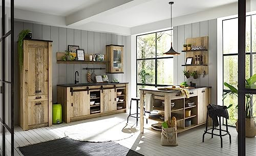 Furn.Design Küche mit Kochinsel Used Wood hell und anthrazit/grau Küchenschrank komplett Set 6-teilig Kücheneinrichtung Landhaus mit Scheunentorbeschlag Stove (1 Set 6-teilig mit LED)