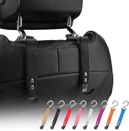 quipuda Car Bag Hooks, 2 Packs Headrest Bracket Car Hook, Genuine Leather Rotatable Car Seat Hooks,for Hanging Purse Handbags Shopping Bags (Black)