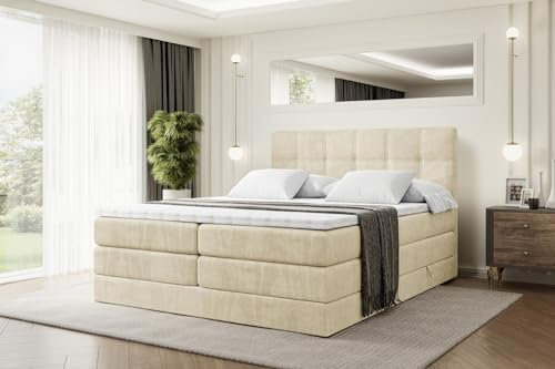 ALTDECOR Boxspringbett mit Matratze und Lattenrost, Topper, Polsterbett mit Bettkasten, Bett mit Stauraum H3- und H4- Matratze, Doppelbett, Springboxbett - Marce King - 160x200 - Beige Monolith 04
