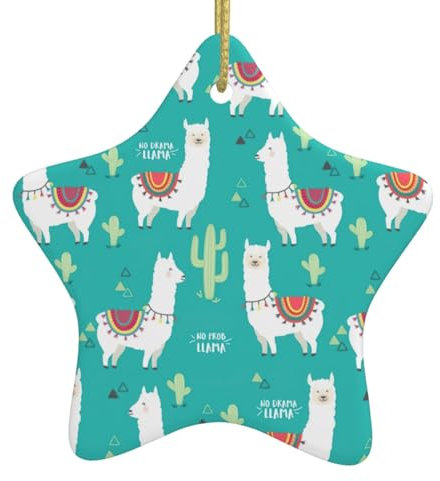 Joli lama blanc et cactus double face en céramique, décorations de sapin de Noël, décoration de Noël pour les vacances