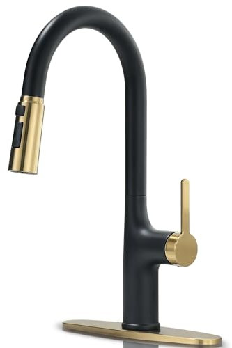 FROPO Küchenarmaturen, Schwarz und Gold, Küchenarmatur mit herausziehbarem Sprüher, hoher Lichtbogen, Edelstahl, Küchenspüle, moderne Messing-Küchenarmatur 1 oder 3 Loch, gebürstetes Gold/Mattschwarz