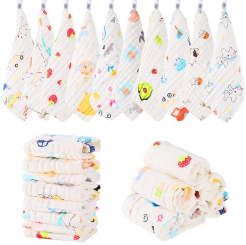 Utensilsto 10Stück Baby Musselin Waschlappen, 25x25cm Klein Baby Handtücher Musselintücher, Neugeborene Spucktücher Gesichtstücher Weiche Baumwolle Waschlappen