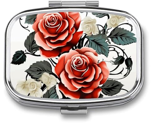 Quadratische Pillendose, 2 Fächer, Pillendose für Geldbörse und Tasche, kleiner Pillen-Organizer, Blumenmuster, Rose, Efeu mit Blättern, Frühling, Reise-Pillendose, tragbare Öl-Aufbewahrungsbox,