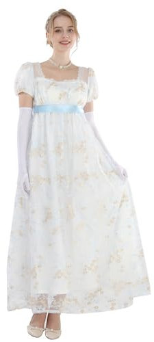 FCCAM Blau Regency Kleider für Frauen 1800er Vintage Kleid Viktorianisches Ballkleid mit Handschuhen, M