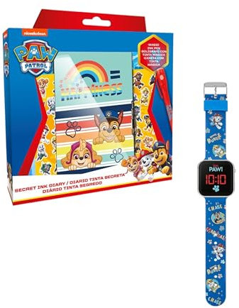 Paw Patrol Set aus Schreibwaren und Uhr, Inklusive Geheimem Tagebuch, Stift, Aufklebern, Vorhängeschloss mit Schlüsseln und Digitaluhr, Geschenk für Kinder