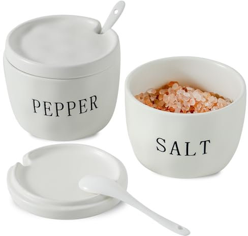Howise 2 Pack Salt and Pepper Bowls Set, Ceramic Salt and Pepper Containers with Lid and Spoon, White Salt Pepper Holder Set, Salt Box Dish with Lid Easy to clean