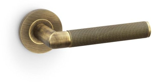 Solid Brass Knurled Door Handle Set - Antique Brass Mitred Lever On Round Rose