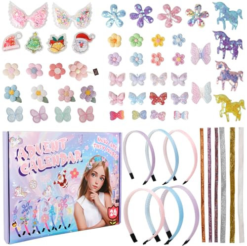 Adventskalender 2024 Mädchen, Adventskalender Haarschmuck Weihnachts Countdown Kalender 24 Tage Bastelset Haarschmuck Kinder DIY Haar Accessoires Making Kit ab 4-12 Jahre Weihnachtsgeschenke