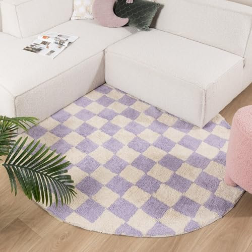 FRAAI | Home & Living Rund Retro Teppich - Gambit Lila Weiß - Blöcke - Modern, Wohnzimmer, Kinderzimmer, Schlafzimmer - Fellteppich - Carpet