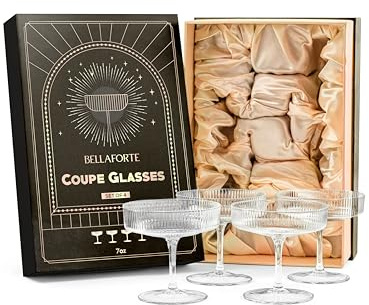 BELLAFORTE Champagner-Coupegläser, Martini-Gläser, 4er-Set, klassische Cocktailgläser, geriffeltes Glas mit Stiel, für Martini, Manhattan, Cosmopolitan, in Premium-Geschenkbox