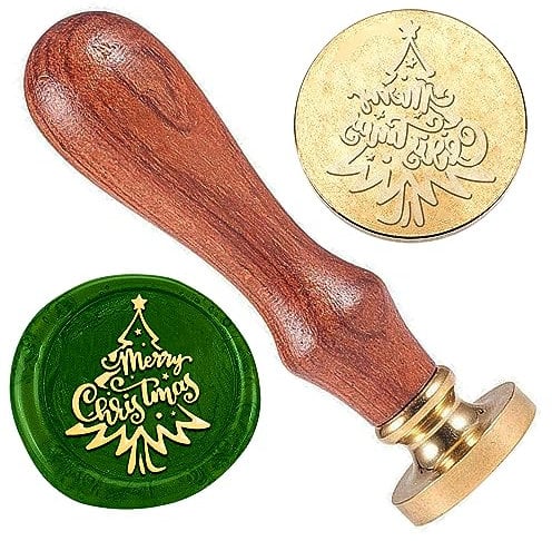 DELORIGIN Christmas Tree Wax Sealing Stamp, Merry Christmas Wax Stamp Removable Brass Stamp Head with Wood Handle for Envelopes Invitation Cards Wine Packages Greeting Cards Decoration