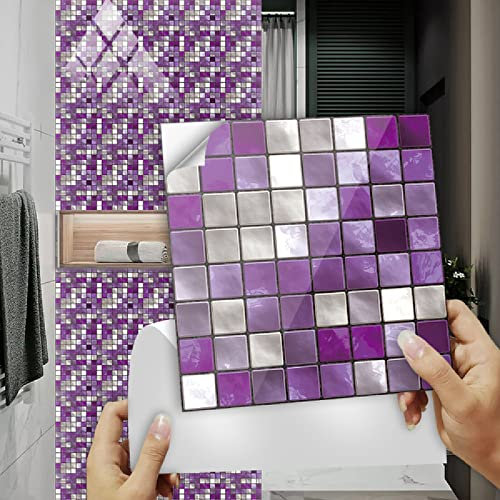 Adesivi per piastrelle a mosaico viola, impermeabili, a prova di olio, in PVC, decalcomanie autoadesive per cucina, bagno, elegante decorazione per pavimenti, 10 pezzi, 10 x 10 cm