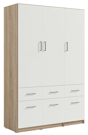 Lomadox Kleiderschrank 3-türig, 6 Schubladen, 136cm breit, weiß und Eiche