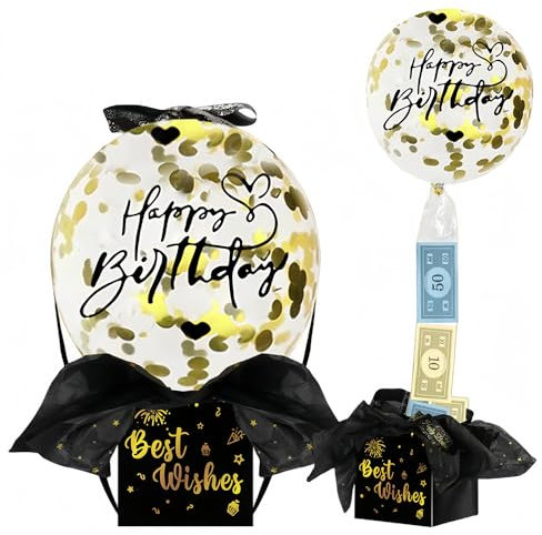 FFWTPY Geldgeschenke Geburtstag Überraschungsbox mit Luftballons Schwarz-Gold Geschenkbox mit Herausziehbaren Geld Geburtstagsdeko Surprise Box für Eltern Kinder Liebe Menschen