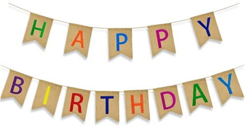 kitudaty Happy Birthday Jute Girlande Banner, 1 Set Geburtstag Wimpelkette, Kindergeburtstag, Happy Birthday Girlande Sackleinen, 20 x 14 x 2,5 cm, Bunt