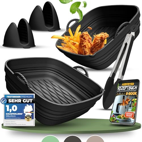 KNUSPERLIEBE® Juego de 2 moldes de silicona plegables para freidora de aire caliente, inserto de silicona para airfryer, apto para lavavajillas, sin BPA, para Phillips, Cosori, Cecotec, etc. (Midnight