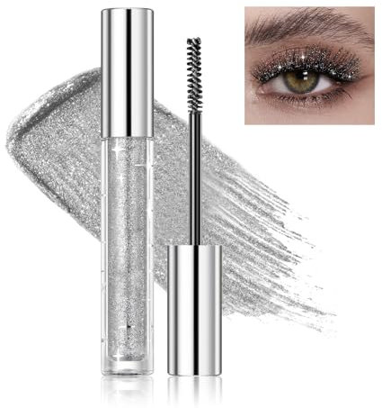 Prreal Silver Glitter Mascara, Quick-dry Diamond Sparkly Mascara for Eyelashes, Long Lasting Curling Volumizing Mascara Makeup, Lightweight Colored Mascara Makeup Suitable for Party,Stage,Festival